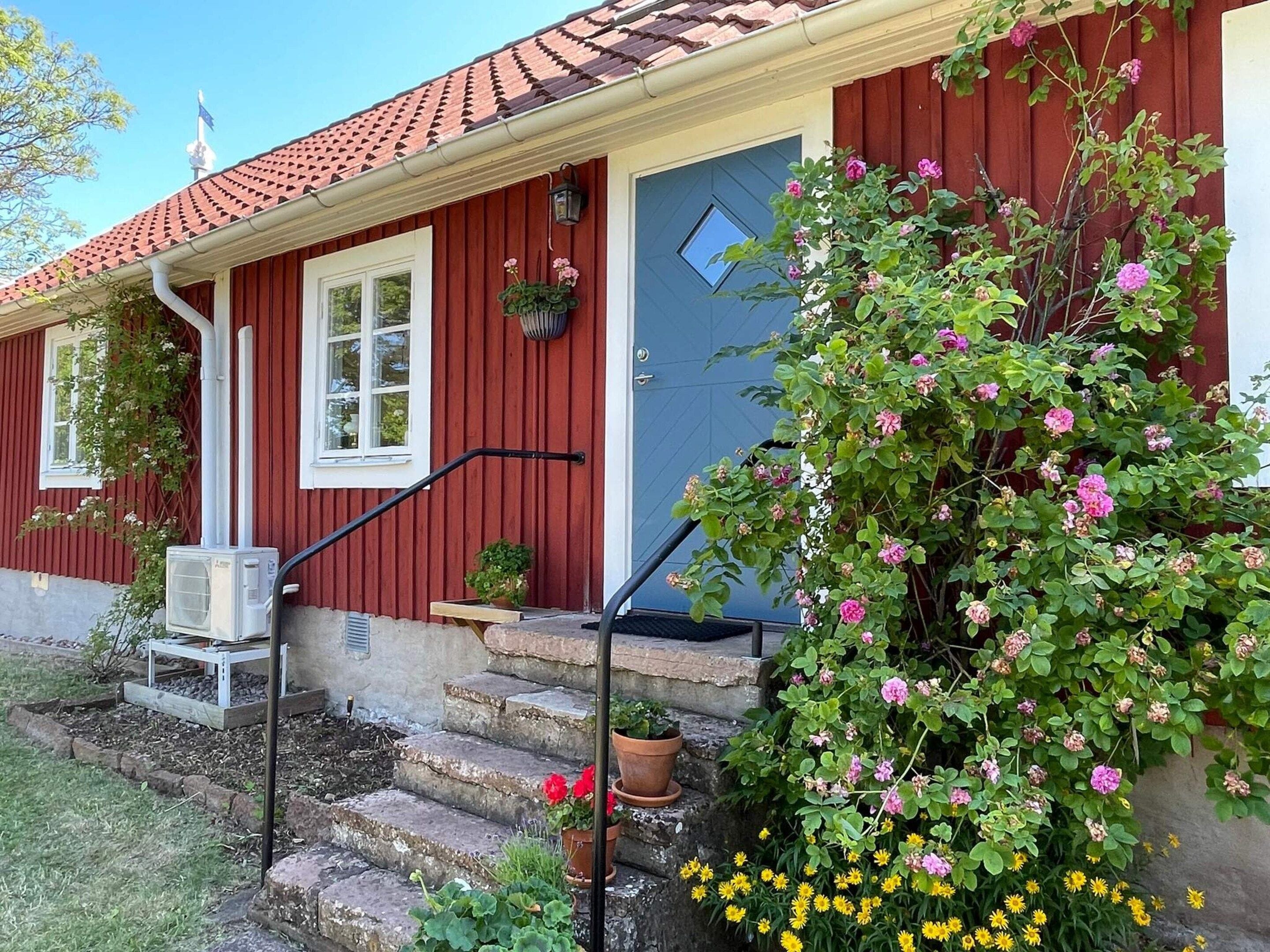A red wooden house with a blue door, a small porch with steps, and a garden with flowers.