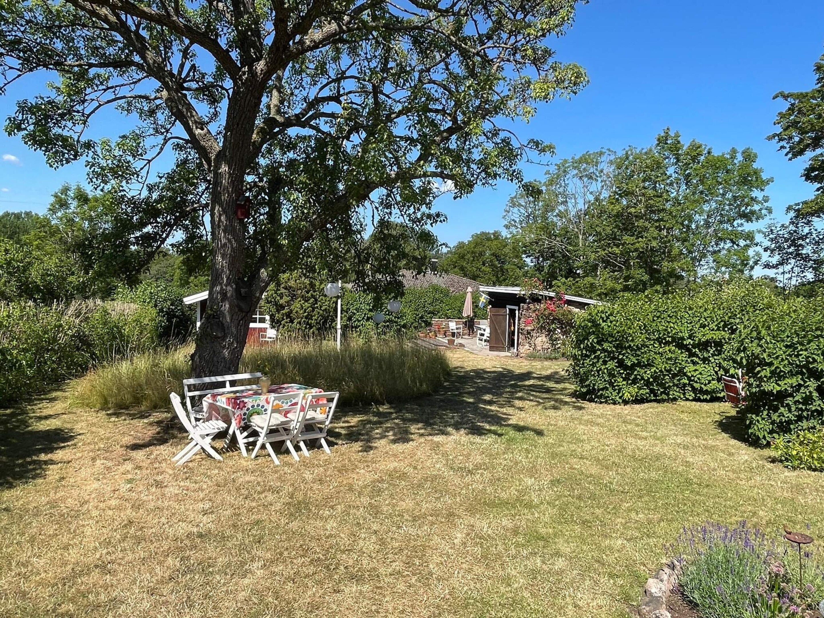 A grassy outdoor area with a tree, a small building, and a table with chairs.