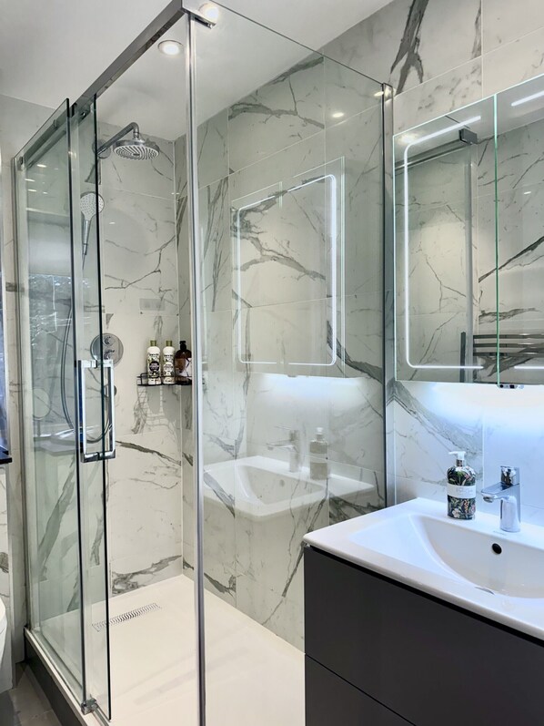 Shower, hair dryer, towels, soap
