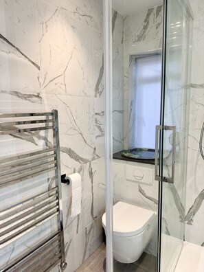 Shower, hair dryer, towels, soap