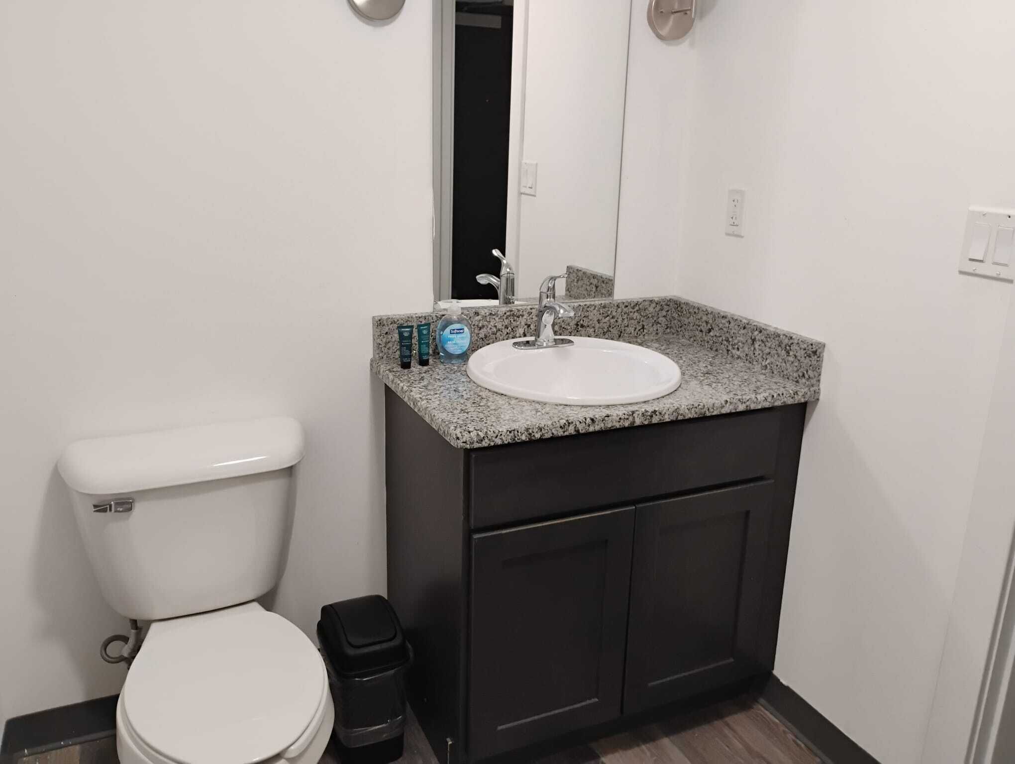 Hair dryer, towels, soap, shampoo