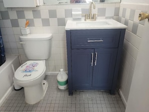 Hair dryer, towels, soap, toilet paper