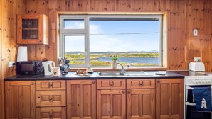 Cocina con paneles de madera y un amplio ventanal con vistas a un lago, microondas, lavabo y armarios de madera.