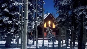 A cozy cabin surrounded by snow-covered trees. - Explore more. Relax More. Escape to the mountains! (Cimarron)