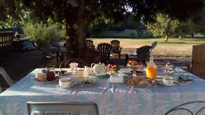 Ein Tisch im Freien ist mit verschiedenen Speisen und Getränken gedeckt, umgeben von Stühlen und einem großen Baum.