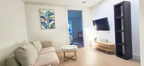 Smart TV, fireplace, books
