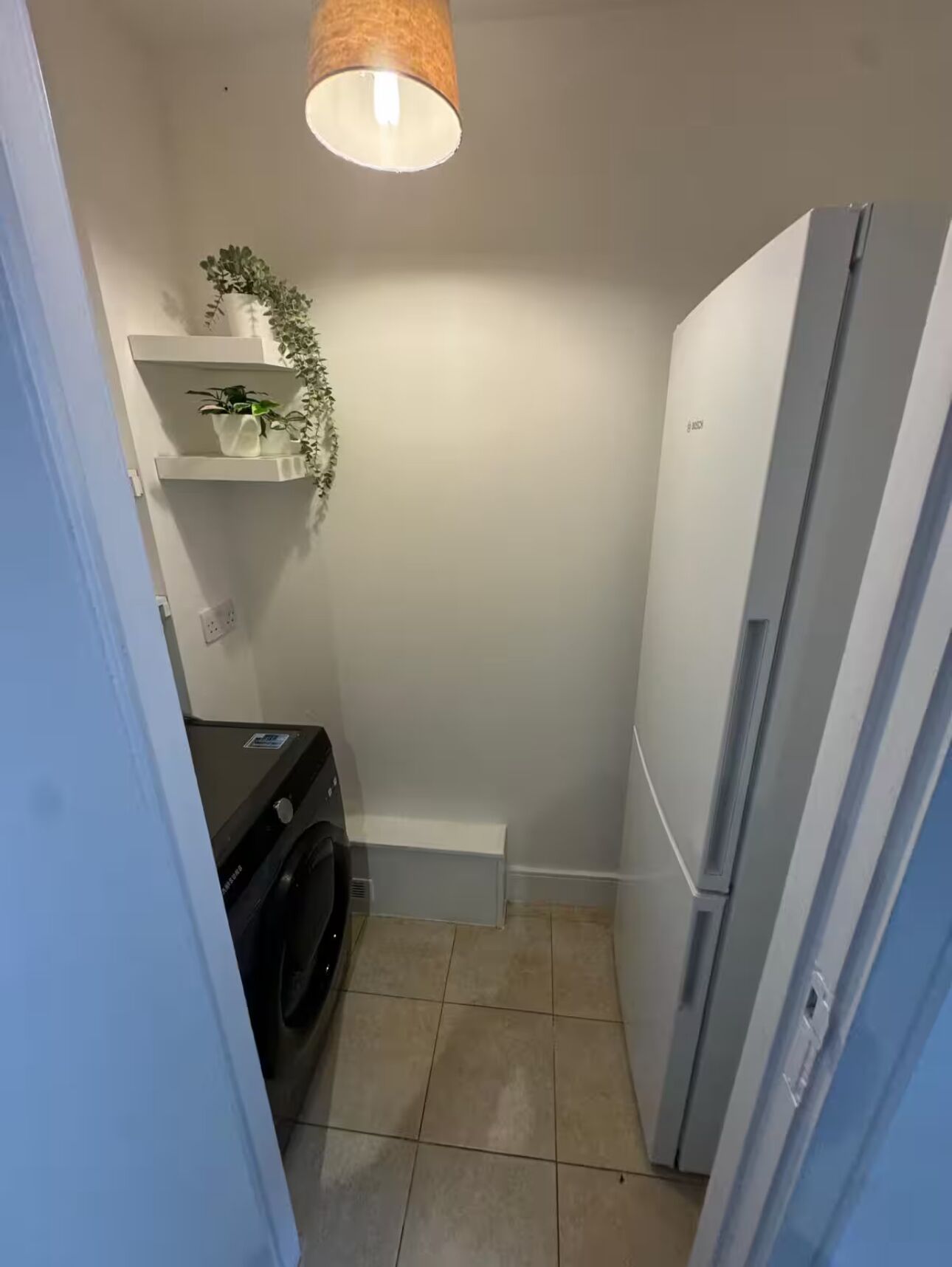 A compact kitchen with a washing machine, a refrigerator, and a hanging plant.