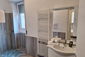 Shower, hair dryer, bidet, towels