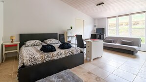 A bedroom with a bed, desk, chair, and a sofa. - Studio 'Domaine De La Chambarde' with Mountain View, Wi-Fi and Air Conditioning (Létra)