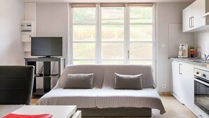 A modern room with a sofa, TV, kitchenette, and large windows. - Studio 'Domaine De La Chambarde' with Mountain View, Wi-Fi and Air Conditioning (Létra)