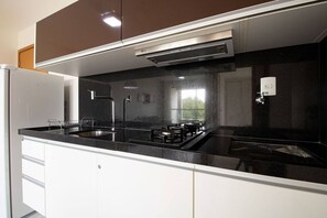 Fridge, microwave, stovetop, toaster