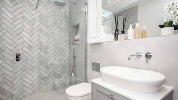 Shower, hair dryer, towels