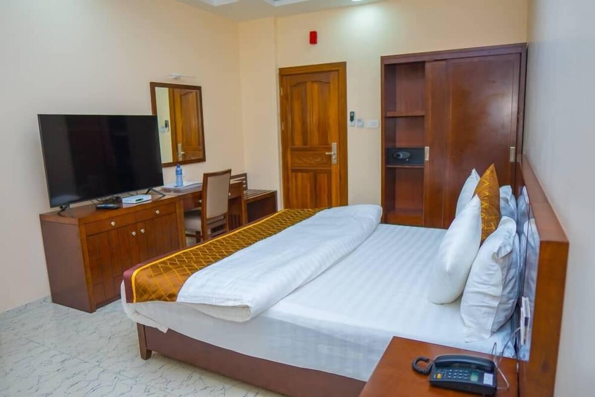 Una habitación de hotel con cama, escritorio, televisor y armario.