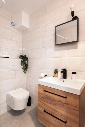 Dusche, Haartrockner, Handtücher, Seife