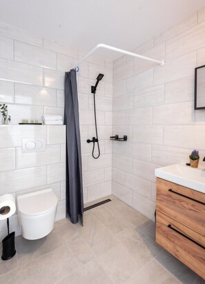 Shower, hair dryer, towels, soap
