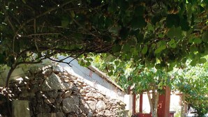 Un área de comedor al aire libre con un muro de piedra de fondo, mantel a cuadros y un banco de madera.