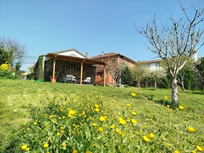 Une maison en pierre dotée d’un porche, entourée d’un champ verdoyant parsemé de fleurs jaunes.