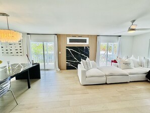 Smart TV, fireplace, books