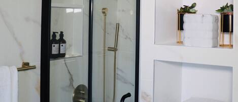 Shower, hair dryer, towels, soap