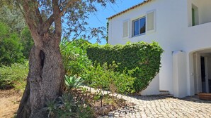 Ein weißes Gebäude mit gepflastertem Eingangsbereich, einem Baum und einer Hecke.