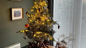 Un árbol de Navidad con luces y adornos sobre una mesa de madera junto a una ventana con persianas.