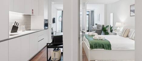 1 bedroom, desk, iron/ironing board, internet