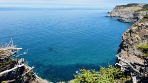 A coastal landscape with clear blue sea, rocky cliffs, and sparse vegetation. - Au Ptit Kakawi  (Miquelon-Langlade)