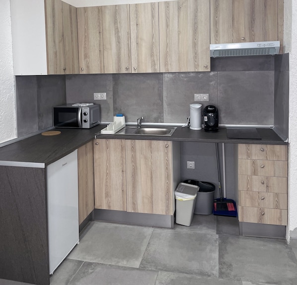 Frigorífico, microondas, placa de cocina y utensilios de cocina