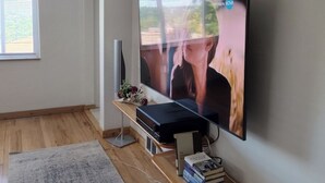 Een moderne woonkamer met een flatscreen televisie aan de muur, een houten salontafel met een laptop en boeken, een klein motorfietsje en een grijze vloerkleden.