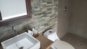 A bathroom with a stone wall, a white sink, a toilet, and a shower area. - Estudio con vista al oceano (Tola)