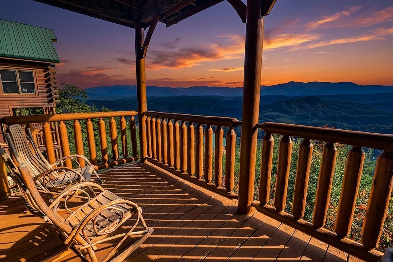 A wooden deck with a railing, two wicker chairs, and a view of mountains.