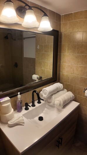 Shower, hair dryer, towels, soap