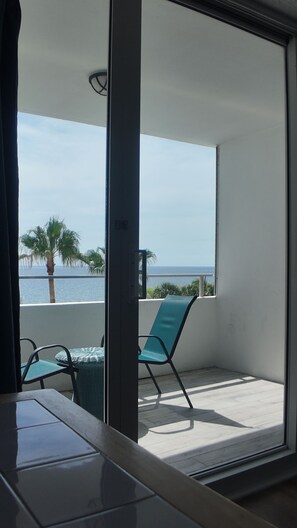 Varanda com vista para o mar, uma palmeira e uma cadeira.