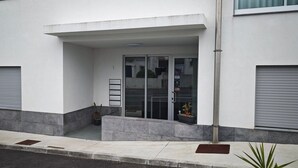 Een gebouw met een witte gevel, een garagepoort en een kleine ingang met een bloempot.