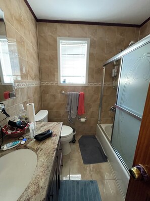 Hair dryer, towels, soap, toilet paper