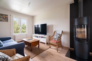 Televisión, chimenea, reproductor de DVD