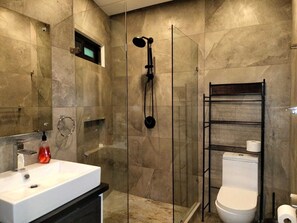 Shower, towels, soap, toilet paper