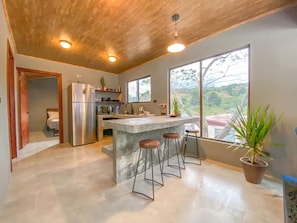 Fridge, microwave, stovetop, coffee/tea maker