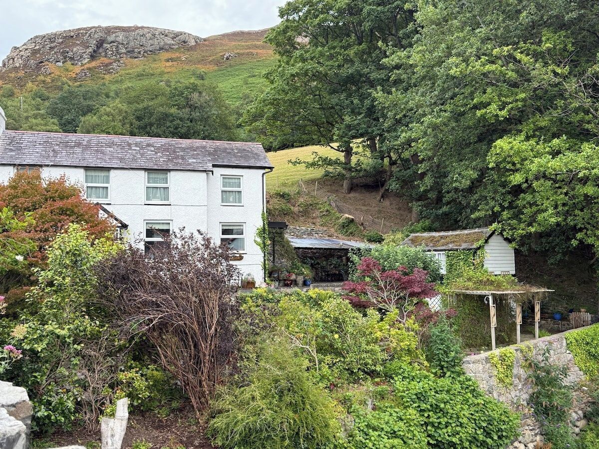 Un bâtiment blanc doté d’un toit en pente, entouré d’une végétation luxuriante et avec une colline en arrière-plan.