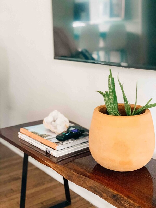 A small wooden table with a potted plant, a remote control, and a stack of books. - Digs 3 of 5: 2BDRM, Open & Airy, Private Parking, Central, 2nd Floor & More! (Evansville)