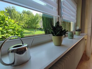 Une fenĂȘtre donnant sur un jardin verdoyant, une bouilloire et deux plantes en pot posĂ©es sur un rebord blanc.