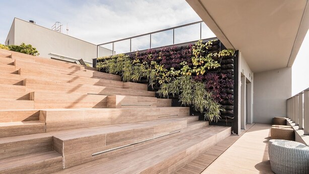 Una escalera moderna con un muro vertical cubierto de jardín, escalones de madera y asientos de mimbre.