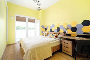 1 bedroom, desk, iron/ironing board, travel cot