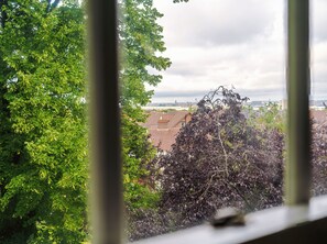 Une vue à travers une fenêtre, avec un paysage urbain en arrière-plan, comprenant des bâtiments et des arbres.