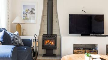 Smart TV, fireplace, ping pong, books