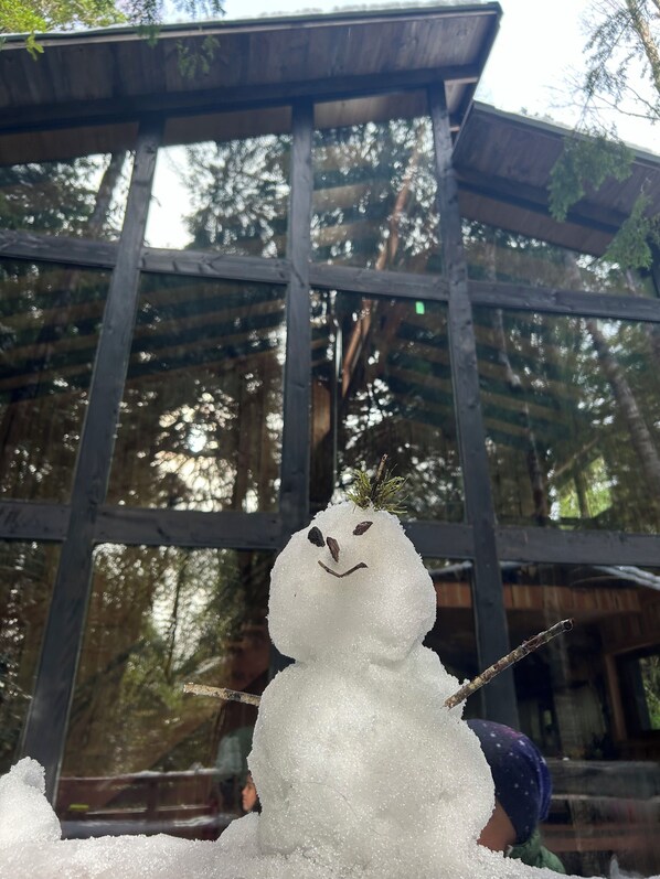A snowman with a twig for a nose and twig arms, in front of a wooden structure with a glass window. - House in Huilo Huilo, a haven for fairies and elves (Neltume)