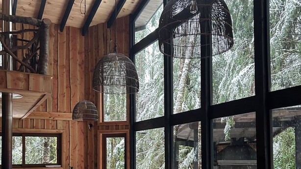 A cozy cabin interior with wooden walls, large windows, a fireplace, and a comfortable seating area. - House in Huilo Huilo, The Refuge of Fairies and Elves (Neltume)