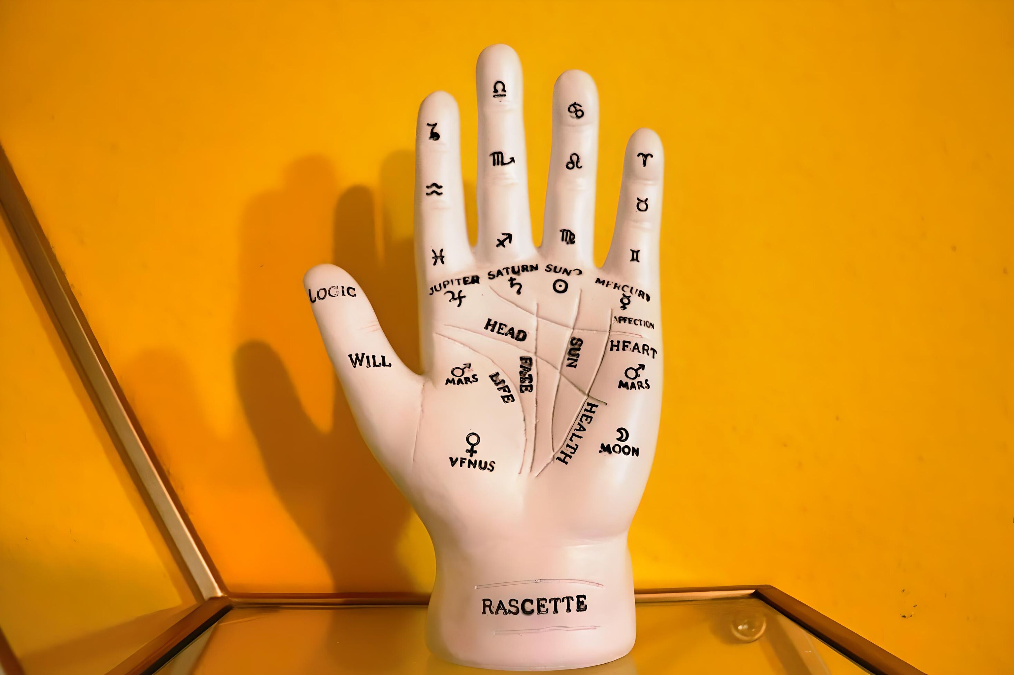 Ein handförmiges Objekt mit Tierkreiszeichen und astrologischen Symbolen auf jedem Finger.