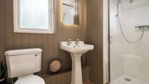A bathroom with a toilet, pedestal sink, mirror, and glass-enclosed shower. - Rabbits Warren - Cotswolds Stay with Sauna and Hot Tub (Wiltshire)