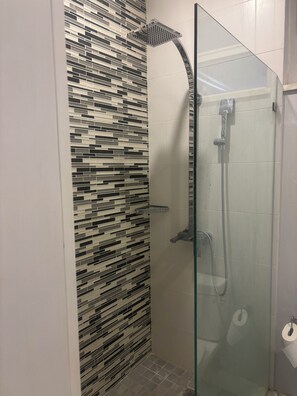 Shower, hair dryer, towels, toilet paper